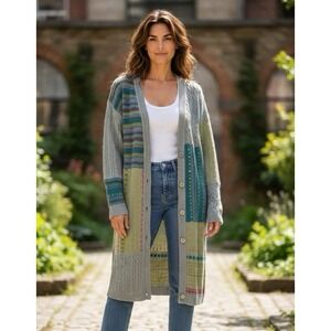 Sundance Women's L Lambswool Bld Patchwork Duster Button Up Cardigan Multi EUC